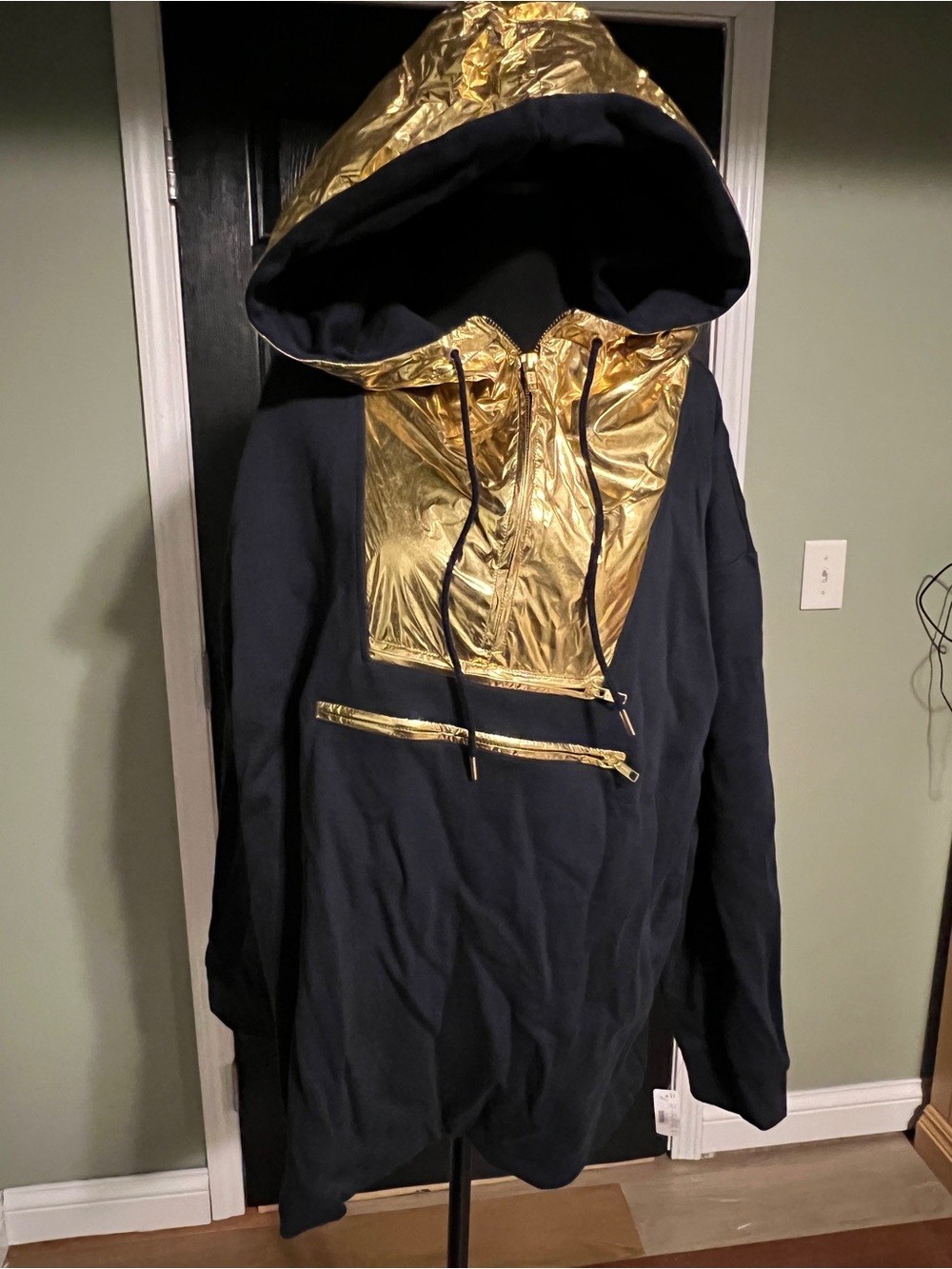 J. Crew Navy and Gold Metallic Hooded Sweatshirt